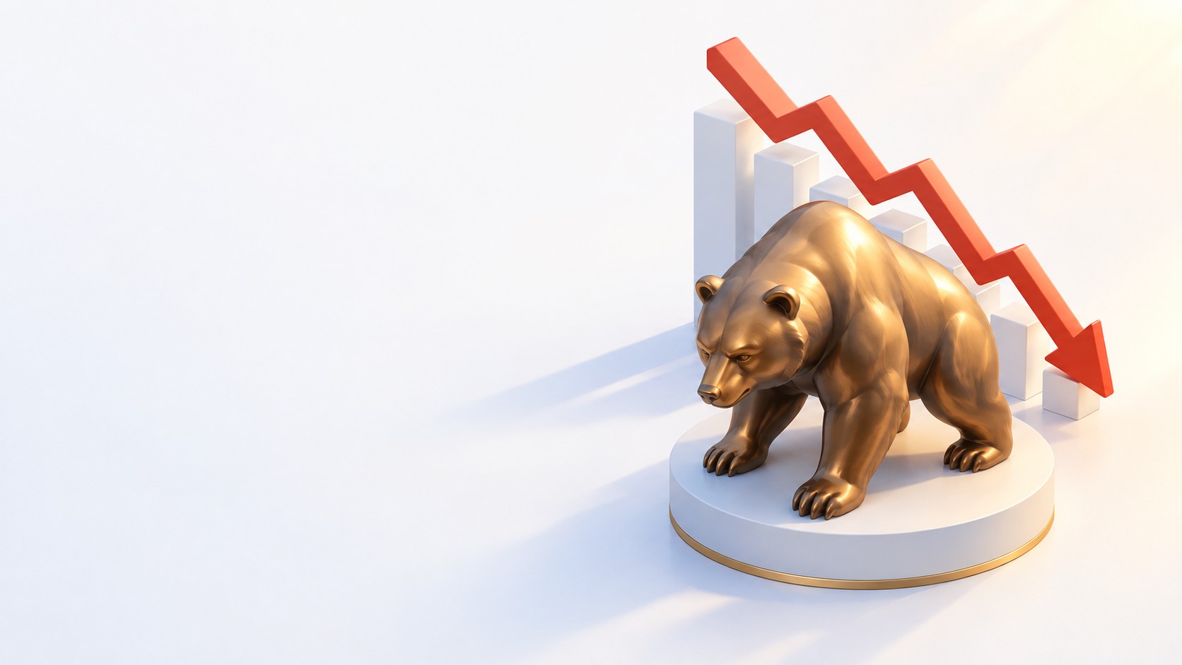 Bronze bear statue with a descending red chart behind it