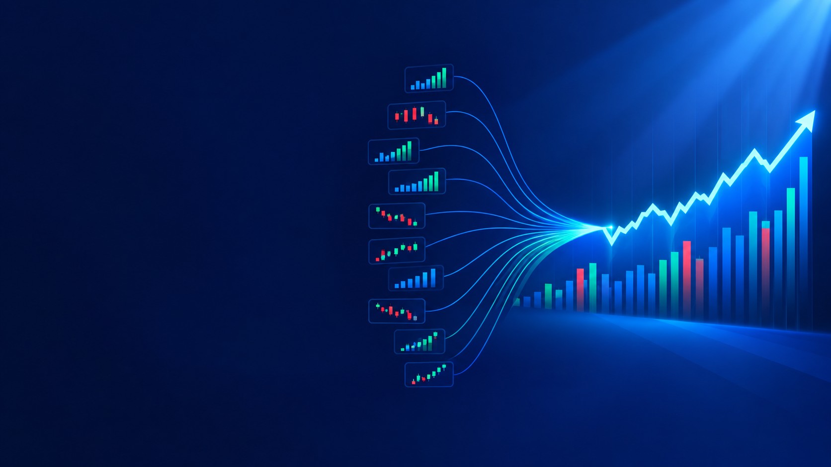 Many small bars merging into one large index line chart