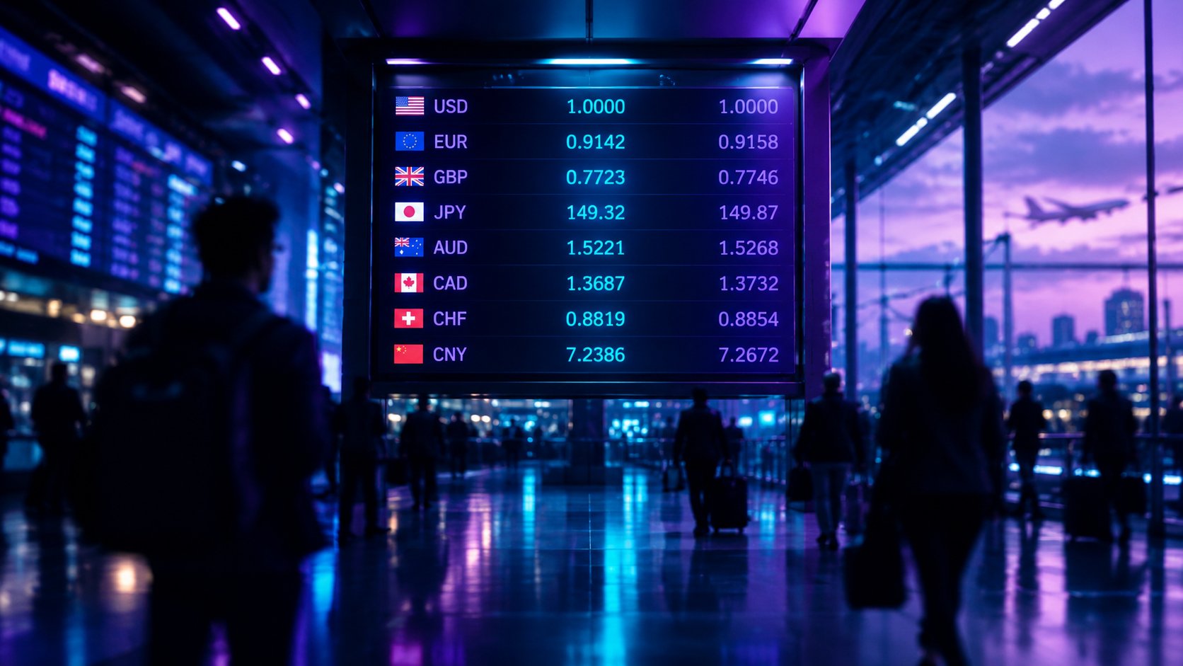 Airport style currency exchange rate board with abstract digits and blurred figures