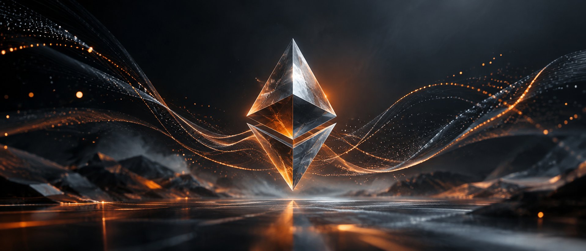 Floating faceted crystal diamond shape in the style of the ethereum symbol