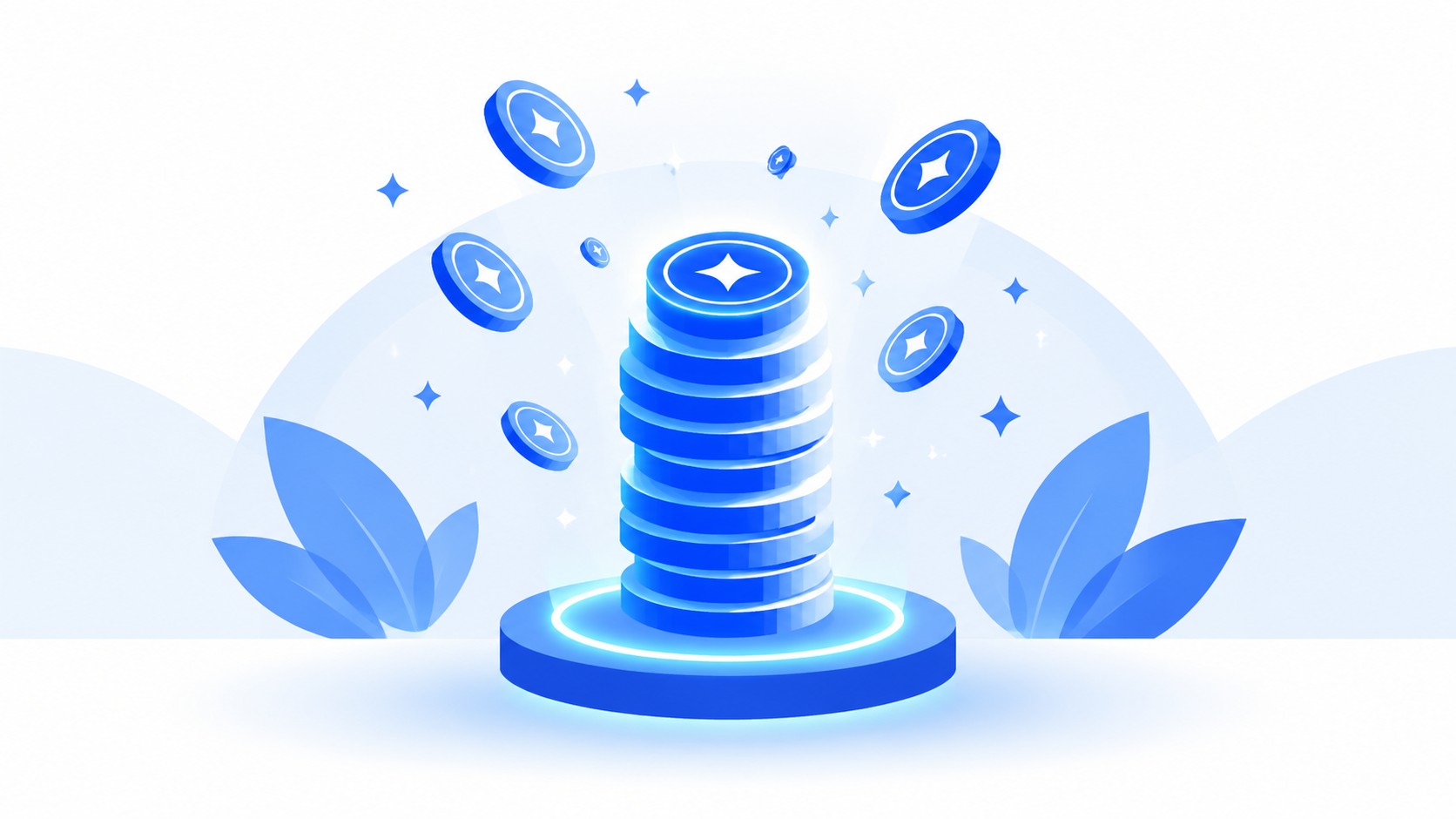 Coins stacked into a glowing tower that emits small reward coins